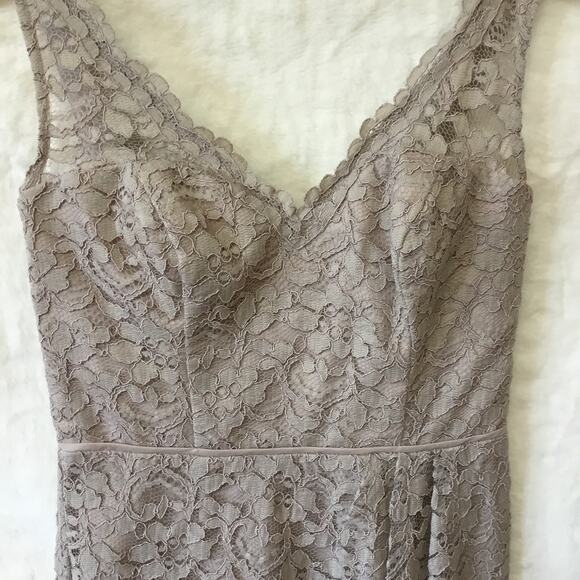David Bridal Short Mocha Lace Dress with V-Neck - Picture 4 of 16